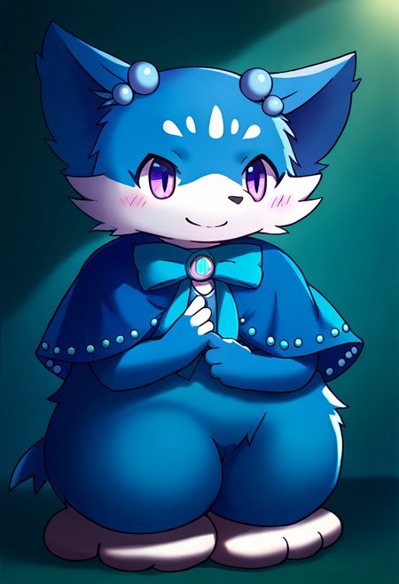 beryl (arukemo main character), dog, blue capelet of beryl, hair bobbles of beryl, furry, solo, full body, score_9, score_8_up, score_7_up, zPDXL3, zuppu11, flx$tyl3, purple eyes, 1girl, blushing, smile