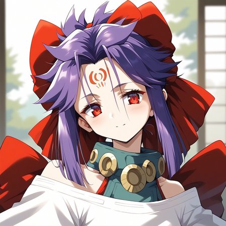 score_9, score_8_up, score_7_up, source_anime, rating_explicit, BREAK  <lora:kakurine_Ver2.1_XL:1> kakurine,  forehead mark, red eyes, purple hair, long hair, sidelocks, hair bow, red bow, collar, 
headshot.
tatami, Japanese room,
