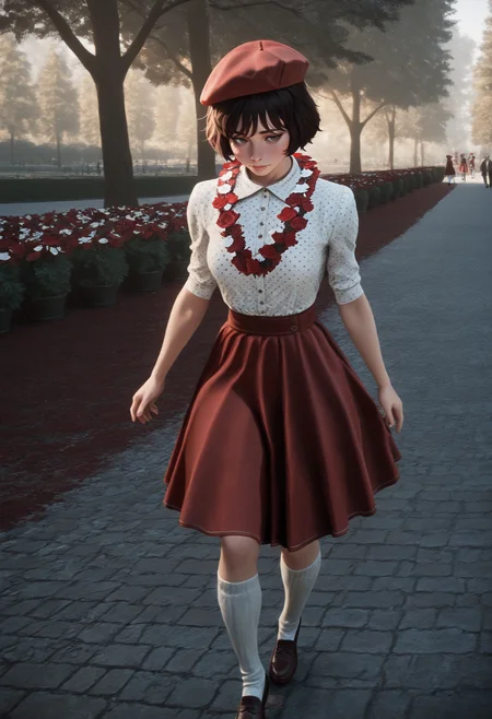 masterpiece, best quality, amazing quality, 1girl, <lora:sophie_illustrious_byJaneB:1>, s0phiee33,
red beret, white polka dot shirt, red skirt, flower necklace, penny loafers, knee socks, walking in the park, trees, 
red beret, white polka dot shirt, red skirt, flower necklace, white socks, penny loafers
