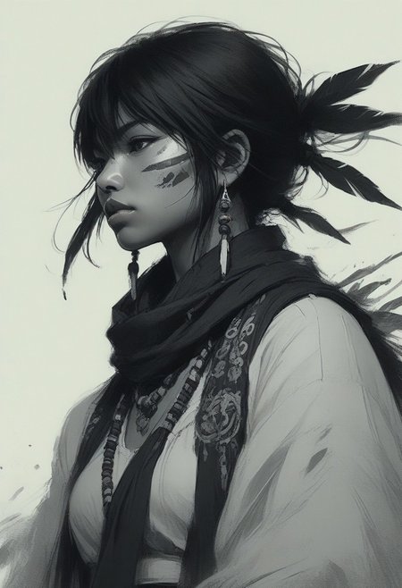 ,BAMF-Illu, closeup portrait of nistyle, two tones bleaked manga sketch In the style of ff-evv with deep blacks, A Closeup Portrait of a DARK native American Sioux outlaw cowboy, extreme Closeup of her Face - shrouded in mystery. She wears a, tattered high collar scarf that billows dramatically in the wind, creating a striking contrast against the rugged landscape. Hyperdetailed badass Closeup, hyperdetailed, deadly Gaze, vivid white chin-tattoo realistic photography, very awa ,masterpiece, best quality, very aesthetic, absurdres, haiz_ai, no lineart,no outline,