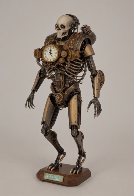This is a highly detailed CGI rendering of a humanoid figure with a skeletal frame, resembling a steampunk or mechanical design. The figure stands upright in a clock based sci-fi future world. The skeletal structure is intricate, with multiple joints and bones clearly visible, giving it a robotic appearance. The head is a large, round, clock-like mechanism with Roman numerals and a small, central arrow pointing to the time "IIII." The clock face is surrounded by ornate, golden metalwork and a complex network of gears and cogs, suggesting a high level of mechanical sophistication. The figure's arms and legs are elongated and thin, with visible tendons and joints, adding to the mechanical feel. The hands and feet are claw-like, with sharp, metallic talons. The entire figure is made of a light brown, metallic material, giving it a weathered, aged look. There are additional mechanical parts and tubes attached to the figure's torso, suggesting advanced engineering or a steampunk aesthetic. The overall style is reminiscent of Victorian-era machinery, with a blend of organic and mechanical elements. The image is highly detailed, with a realistic texture and shading that emphasizes the intricate design and craftsmanship.