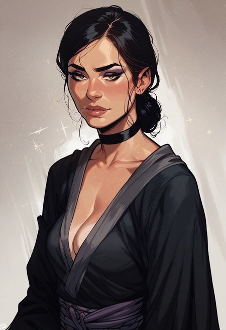 score_9, score_8_up, score_8, score_7_up, score_7, score_6_up, score_6, score_5_up, Score_5, sorceress, (Asian:1.3), skinny, black hair, source-fantasy, jewelry, female focus, black choker, eyeshadow, detailed face, textured skin, masterpiece, black robe dress, black fur, fur-lined robe, black gloves, mature woman, vox machine style, 1girl, female focus, solo, portrait,  ruined battlefield background, fantasy, (dynamic lighting:1.1)
((masterpiece))