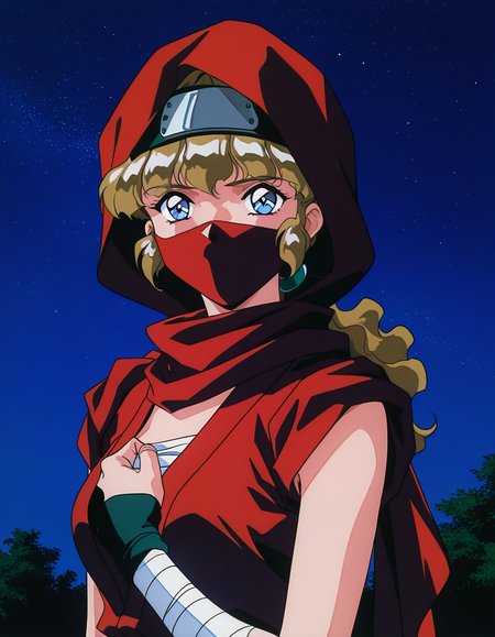 general,highres, ultra-detailed,very aesthetic,best quality ,best hands,  BREAK <lora:Kai_Fubuki_IS:1>Kai_Fubuki, 1girl,solo,lmedium breasts, 1990s (style), anime coloring,  
 ninja, sky, night, upper body, night sky, red mask, ninja mask, forehead protector, outdoors, covered mouth, star (sky), mouth mask, looking at viewer, blue eyes, hood, bandages, starry sky,