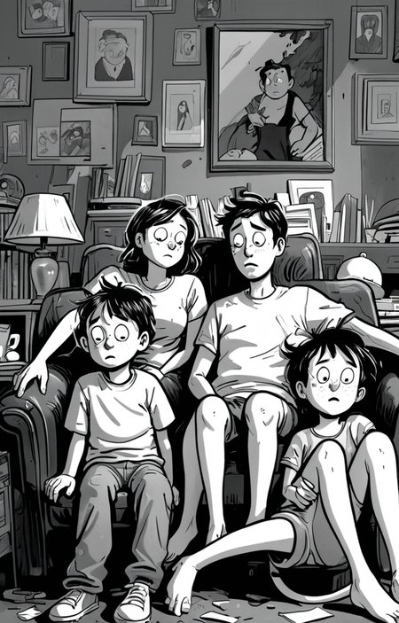 masterpiece,best quality,<lora:tbh373-sdxl:0.6>,illustration,style of exhausted people ,greyscale and white,comic portrait of family