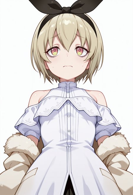 Smooth Quality,masterpiece,very intricate, high quality details, ultra realistic, high detailed skin,detailed enviorement,absurdres,
\n/,
 <lora:Pekora_CNR:0.8> pekora_cnr, 1girl, blonde hair, short hair, bangs, yellow eyes, multicolored eyes, shiny hair black hairband,bags under eyes,, wavy mouth,, simple background, white background, from below,solo,, off-shoulder blouse,  ,fur coat, ,flared skirt,  ,
