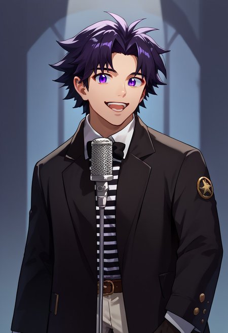 score_9, score_8_up, score_7_up, source_anime, 1boy, IncrsNeverGonnaGiveUUp, smile, looking at viewer, microphone stand, upper body, black jacket, striped shirt, open mouth, suit, open jacket, <lora:NeverGonnaGiveYouUp_XLPD:1>,   detailed skin,revin,black_bow,black_gloves,dark_hair,purple eyes,smile,<lora:revin_brenten10:1>,
