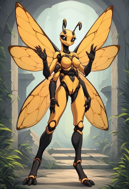 score_9, score_8_up, score_7_up, score_6_up, score_5_up, score_4_up, 
source_anime,  source_furry, source_cartoon, rating_explicit, 
solo, female, 
black and yellow body, fur, fluffy, furred body,
anthro, 
arthropod, insect, black eyes, exoskeleton, joints,
honeybee,
4 wings, multi wing, wings, 
2 antennae, antennae anatomy,
2 toes, toes, feet, digitigrade,
4 arms, 5 fingers, fingers, multi arm, 
smile, pose,
ruins,
detailed background, digital art, hi res, detailed, fantasy art,
Vintage, 1990s \(style\), 90s4n1m3, retro artstyle