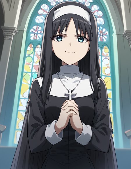 score_9, score_8_up, score_7_up, source_anime, <lora:carnivalphantasm-akiha-toono-ova-ponyxl-lora-nochekaiser:1>, akiha toono, tohno akiha, long hair, blue eyes, black hair, hairband, white hairband, medium breasts,, <lora:traditional-nun-ponyxl-lora-nochekaiser:1>, traditional nun, nun, habit, long sleeves, dress, black dress, jewelry, black veil, cross, cross necklace,, church, smug, praying,, , dutch angle, cowboy shot
