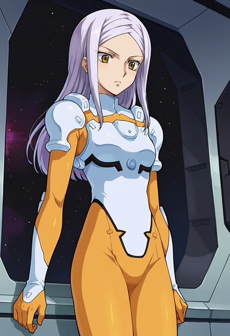 score_9,score_8_up,score_7_up,score_6_up,score_5_up,score_4_up,anime coloring BREAK source_anime,anime,<lora:Soma_Peries_Gundam_00_Pony:0.8>,somas1,1girl,solo,yellow eyes,white hair,long hair,braided bangs,young,yellow pilot suit,leaning_back,spacecraft,window,space,
