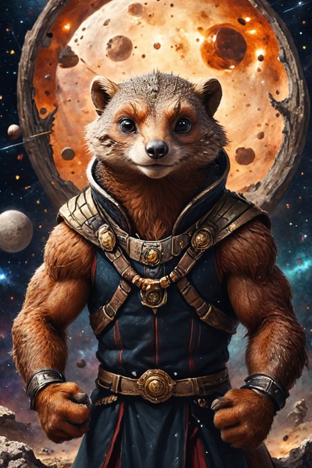 Detailed digital portrait of an anthro Mongoose (Stretching arms out, open stance) at a Inhabited asteroid belt as galactic neutral zone, <lora:xl_more_art-full_v1:0.5>,  <lora:The_Crazy_Style:0.7> <lora:anthro_muscular:0.7>