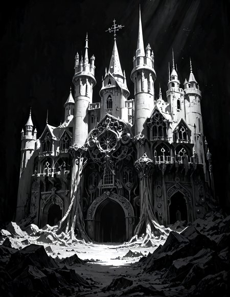 score_9, score_8_up, score_7_up, mm-style,monochrome,black background, ((Punishing Thunder)), a dreamy fantasy big castle  in the style of digital painting  , Rim Lighting/Backlighting and Rembrandt Lighting Monochromatic and high contrast and Double Exposure and Emboss Effect , , hard borders Brian Froud ,, <lora:Monochrome_Monsters_Pony:0.8>