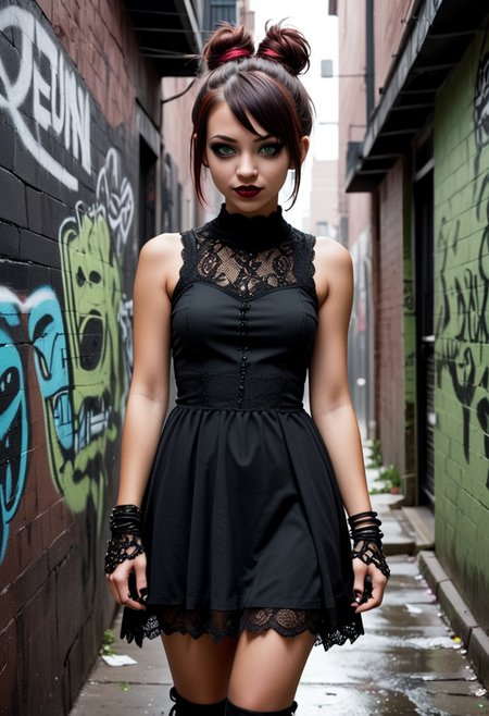 (medium full shot) of (alternative emo girl) young woman, slender build, medium brown bun hair, native american, tan skin, light green eyes, wearing a black layered dress with lace accents , creepers, dark red lipstick, smoky eyeshadow, heavy eyeliner, fingerless gloves studded bracelet, set in  an edgy alley, with street art, narrow path, hidden spots, and urban clutter, during a storm, woman smiling, detailed face, ,Masterpiece,best quality, photo, realistic, very aesthetic