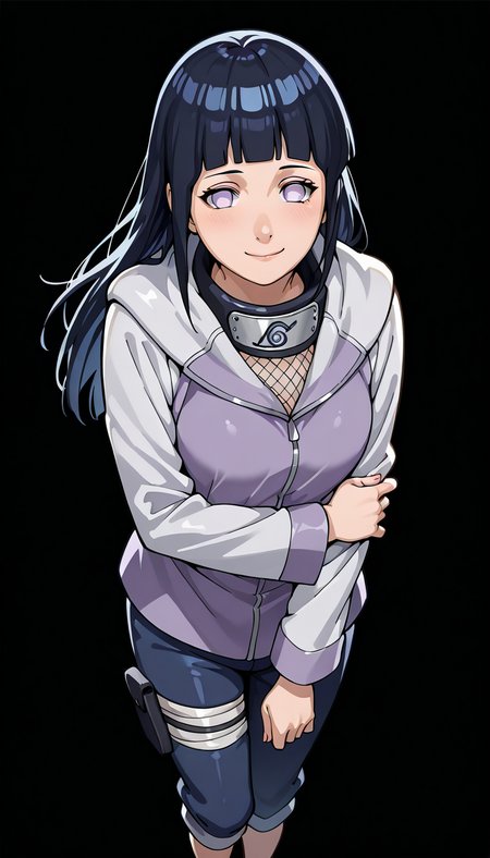 from above, hinata1x, villageoutfit, holding arm, smile, black background <lora:Hinata_ILL:1>