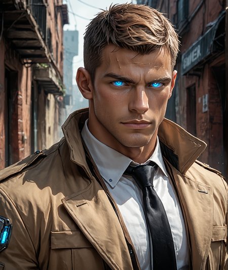 score_8_up, score_7_up, 1boy, solo, gay, yaoi, ArsMovieStill, 80s Fantasy Movie Still, tanned, chiseled featured, handsome, light brown hair, crew cut, neon blue eyes, bara, masculine, muscular, dark alley background, male focus, jacob312, ((glowing eyes, light blue eyes)), white buttoned up shirt, black tie, tanned, high collared trench coat, blondhunk, tanned, portrait, headshot, science fiction theme, <lora:80sFantasyMovieV3Pony:0.45>  <lora:Jacob-312:0.75>