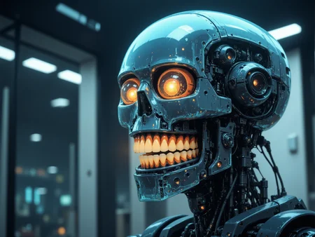 A translucent glass-headed robot, its skull completely transparent, revealing a floating set of human-like teeth that hover mid-air inside its hollow cranium. As it speaks, the teeth drift and rearrange themselves into new patterns, forming unsettlingly perfect smiles or chaotic, spiraling maws. Light bends strangely around the glass as it moves through a high-tech corporate headquarters, communicating through a voice that seems to come from everywhere and nowhere at once. Despite its lack of a tongue, it enunciates perfectly, its ever-shifting dental formations unsettling all who dare to stare too long in the style of ckcc.
<lora:ral-rbotth-flux:0.7> <lora:ck-chromatic-crusade_r1:0.8>