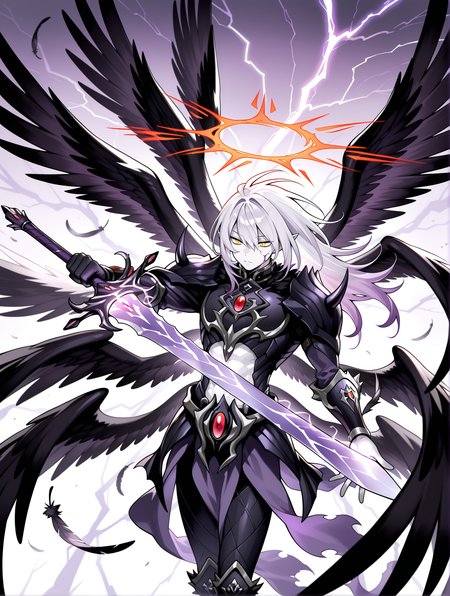 1boy, the first darklord, male focus, solo, purple sword, white skin, lightning, red halo, holding purple sword, angel, glowing, black angel wings, black armor, black breastplate, black pauldrons, black vambraces, purple pelvic curtain, multiple wings, black feather
masterpiece,best quality,amazing quality,very aesthetic,absurdres,newest,<lora:The first DarkLord illusXL v1:0.77>,<lora:wai-2Rectified-V140:0.7>,