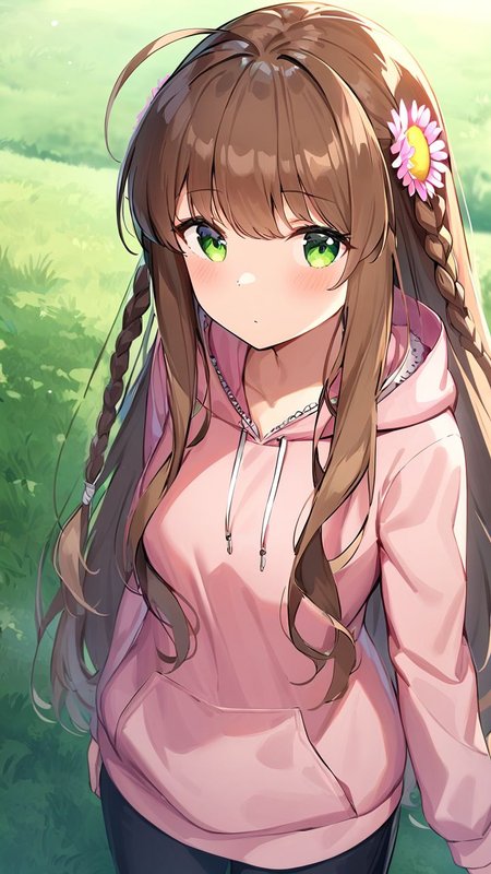 masterpiece,best quality,very aesthetic,absurdres, <lora:XL kanbe_kotori:1>,1girl,kanbe_kotori,solo,Standing on the ground,frontal,front view,Positive por,masterpiece,best quality,very aesthetic,absurdres, kanbe_kotori, 1girl, solo, flower, pink hoodie, hood, grass, closed mouth, upper body, hoodie, sidelocks, outdoors, casual, hood down, expressionless, pink shirt, pink flower