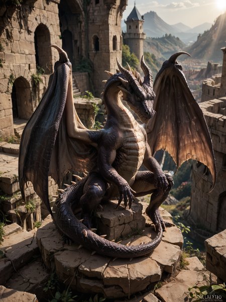 <lora:MH_Fatalis_a1_9_PonyXL:0.9>,score_9,score_8_up,score_7_up, nature photography, (rimlight:1.2)
sunlight, bloom, subsurface scattering, sharp hyper detailed, dramatic lighting, , (shiny metallic skin:1.2), (ultra-detailed small micro scales), bright highlights,
,fatalis,feral,by zackary911,by syuro,by hanuvo,solo,hi res,detailed background,ruins,castle, wings,curled up,frront view,high angle
<lora:RM_Enhancer_v1.0_bf16:.1>  <lora:p:.2> <lora:Add_More_details_SD3:.5> ,