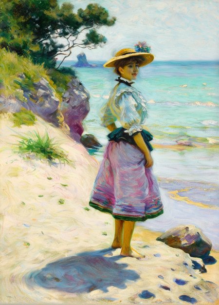 podkowinski girl on the  beach, sea rocks and trees in the background <lora:podkowinski:0.9>