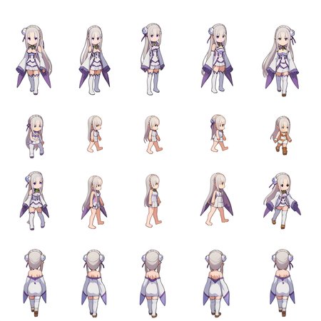 score_9, score_8_up, score_7_up, source_anime,
BREAK
 <lora:shiSpriteTestPart30:1.0>, sprite sheet, simple background, white background, chibi, multiple views, 
1girl, solo, anime screencap, anime coloring, 
<lora:shiEmiliaV2:1> shimilia, long hair, grey hair, purple eyes, pointy ears, crown braid, hair flower, hair ribbon, purple ribbon, x hair ornament, white dress, cleavage, bare shoulders, wide sleeves, white thighhighs, thigh boots,