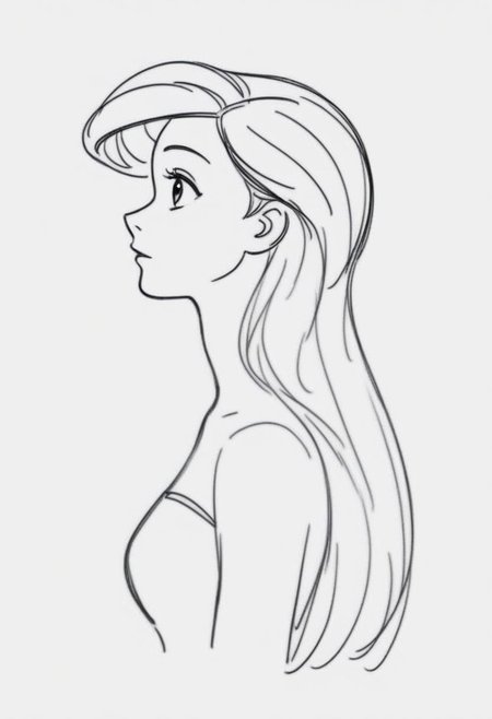 1girl, upper body, Ariel,   ((solo)), from side, profile sketch, Minimalism, Greyscale, Stylized