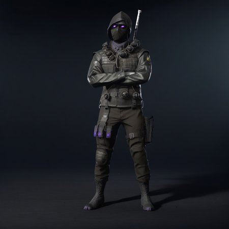 standing, sheath, crossed arms, black gloves, jacket, leather, 1boy, long sleeves, mask, assault rifle, boots