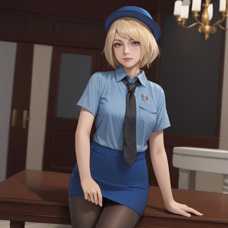 <lora:ashleyre4remake_pony_v1:.8>  Ashley, 1girl, solo, short hair, blonde hair, blue eyes, lips, bob cut,  cowboy shot, <lora:0820 tokisaki kurumi policewoman fan costume_v1_pony:1> ruanyi0820,black necktie,blue hat,blue shirt,blue skirt,black pantyhose,short sleeve