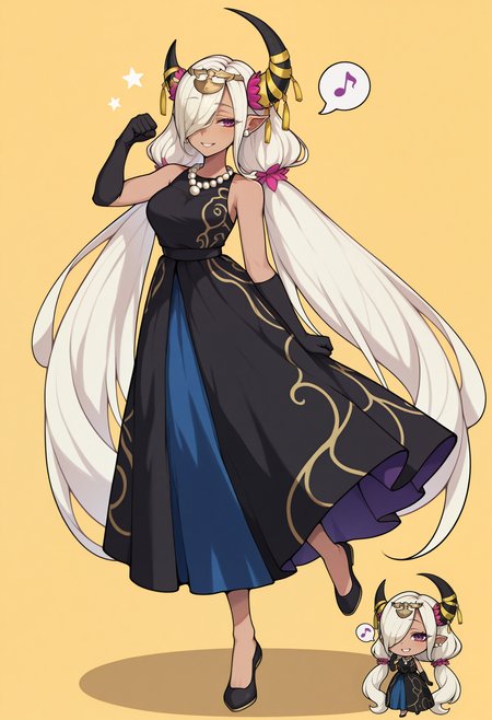 masterpiece, best quality, 1girl, chibi inset, smile, standing on one leg, fist pump, spoken musical note, <lora:ZephiaFE-illu:1> casZel, white hair, hair over one eye, very long hair, low twintails, tiara, black horns, asymmetrical horns, yellow horn ornament, dark-skinned female, purple eyes, gradient eyes, pointy ears, pearl earrings, black dress, sleeveless, pearl necklace, elbow gloves, black gloves, long dress, flats, black footwear, yellow background