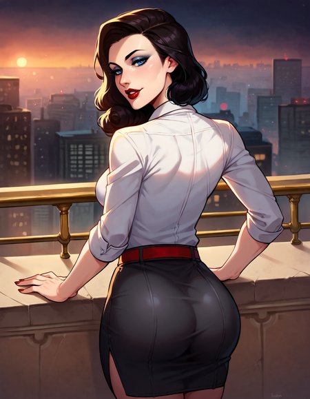 score_9, score_8_up, score_7_up,1girl,2d,blue eyes,solo,elizabeth comstock,burial at sea,white shirt,from behind,red belt,black skirt,standing,on balcony,ass,leaning on railing,looking back,eyeliner,(seductive),(night),looking at viewer,half-closed eyes,lipstick,shiny skin,black hair,(fair skin:0.6),straight hair,seductive,plump, (city background), <lora:Elizabeth_Comstock:0.45>  <lora:KrekkovXL:1>