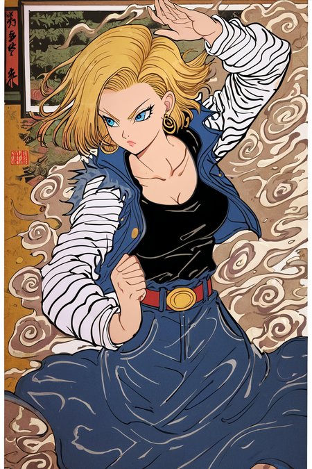 score_9, score_8_up, score_7_up, score_6_up, score_5_up, score_4_up, <lora:android-18-ponyxl-lora-nochekaiser:0.8> ,android 18, blonde hair, blue eyes, eyelashes, hoop earrings, short hair, earrings, belt, black legwear, black shirt, breast pocket, cleavage, collarbone, denim, denim skirt, high-waist skirt, jewelry, long sleeves, pocket, shirt, shirt tucked in, skirt, striped, striped sleeves, waistcoat, <lora:traditional_Japanese_art:1>,  traditional japanese art, 1girl, solo, alone, fighting stance, masterpiece, highres