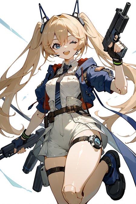 (score_9,score_8_up,score_7_up),<lora:Michele(kalabiqiu)-v1:1>,Michele(kalabiqiu),1girl,one eye closed,weapon,gloves,gun,blue eyes,long hair,twintails,solo,jacket,smile,white background,holding,shirt,blue jacket,holding weapon,white shirt,simple background,necktie,boots,holding gun,open mouth,fingerless gloves,black gloves,short sleeves,;d,open jacket,very long hair,open clothes,shorts,looking at viewer,breasts,black footwear,blonde hair,bangs,cropped jacket,thigh strap,collared shirt,hair between eyes,standing on one leg,belt,upper teeth only,black necktie,light brown hair,white shorts,medium breasts,pouch,standing,leg up,robot,teeth,trigger discipline,
good feet,anime,NSFW,expressive,amazing quality,ultra hd 32k,