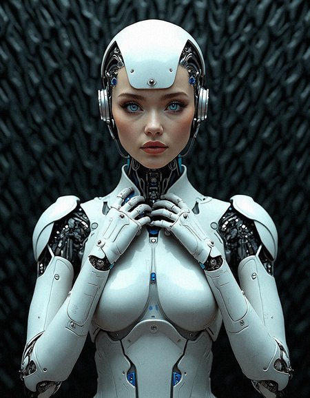 Imagine a female android with a strikingly detailed face, adorned with intricate cybernetic enhancements that include silver and blue metal plating and fine wiring. Her skin is smooth and natural, contrasting sharply with the complex mechanical components that integrate seamlessly with her features. Her eyes, shaded with a metallic blue, exude an almost human warmth, suggesting intelligence and purpose. The background showcases a textured black surface with wave-like patterns, resembling advanced material that is both flexible and durable. This texture extends into her armor, creating a continuous blend between her and the environment. The lighting is soft yet precise, capturing the sheen of the metal and the softness of her skin, creating a photorealistic effect that highlights the potential for a harmonious fusion of humanity and technology. This image embodies the futuristic concept of transhumanism, where artificial enhancements elevate human abilities while maintaining their beauty and elegance.

standing With both hands resting on her collar, as if adjusting the sweater, with a warm expression.
