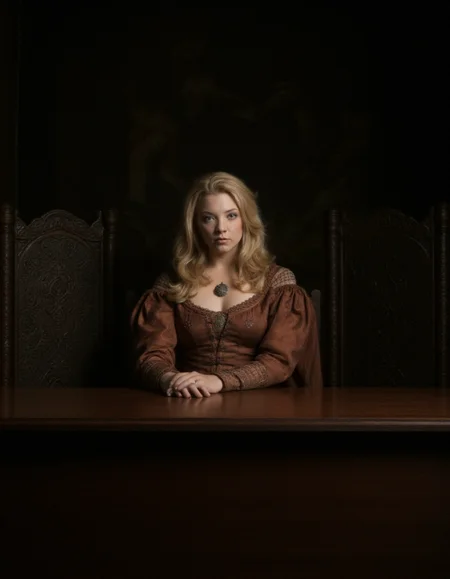 This image is a photograph from a historical drama, likely depicting a medieval or Renaissance-era setting. The central figure is a woman with long, wavy, golden blonde hair cascading down her back and shoulders. She is seated at a large, ornate wooden table, which has a polished, dark finish and intricate carvings along the edges. The woman is dressed in a rich, rust-colored gown with intricate embroidery on the sleeves and neckline, indicating her status and wealth. She wears a simple necklace with a pendant, and her expression is contemplative and serious.
The background is dimly lit, enhancing the dramatic and somber atmosphere. The walls are adorned with dark, heavy tapestries featuring intricate designs, likely depicting scenes from ancient legends or historical events. The furniture, including the ornate chairs flanking the table, is made of dark wood and features elaborate carvings and metal accents, adding to the regal and imposing ambiance of the room. The overall color palette is muted, with earthy tones of brown, gold, and deep red, emphasizing the historical and serious nature of the scene. The lighting is soft and diffused, creating a warm, intimate feel despite the grandeur of the setting.
 <lora:lqstyle_r15:0.7>, , <lora:The_Body_V3:1>  <lora:Natalie_Dormer_FLUX_v1_r1:1>