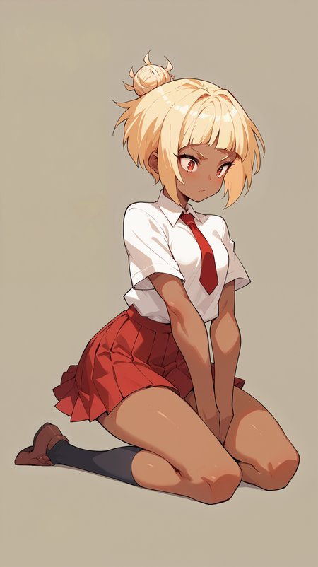 score_9,score_8_up,score_7_up,score_6_up, source_anime, girl, dynamic pose, fetal position, <lora:Crestyle_epoch_9:0.7>, crestyle, artstyle, dark skin, blonde hair, short hair, hair bun, petite, white shirt, red necktie, red pleated skirt, simple background,