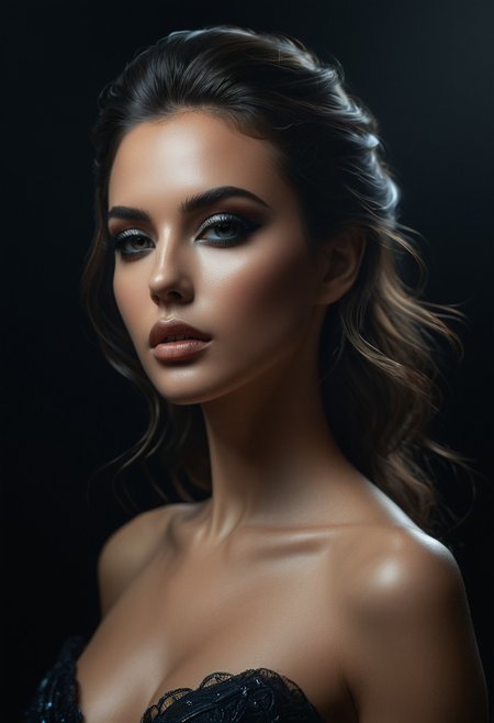 female (incredibly beautiful, luxurious, sexy)  portrait, beautiful makeup, black background, side soft light, highly detailed, melancholic,  soft light hyper clean photography. highly detailed and hyper realistic photo, by Alena Aenami , by Archibald Thorburn , by Daniele Afferni , limited dark palette, unusual dark colors, faded colors, atmospheric haze, highly dramatic cinematic lighting, motion blur, film grain,  professional, excellent composition, finest details, maximized details, ultimate detail level, masterpiece, best quality