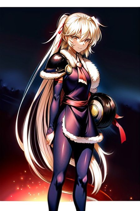 best quality 1girl Setsun4 solo long hair,  (night time) forest background black hair very long hair purple eyes multicolored hair armor, small, (fur trim) (medium body),<lora:EMS-179-EMS:0.800000>,<lora:EMS-293862-EMS:0.800000> bow, hair_bow, hair_tubes, red_bow, brown_hair, long_hair, bangs, ascot, frilled_bow, yellow_ascot, blush, smile, hair_between_eyes, athletic, armor, miko, strengthmda,  Smiling, happy, helmet