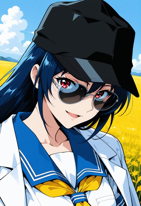 ougigaya_tetsuko, red eyes, blue hair, long hair, sunglasses, black cap, BLEAK jacket on shoulders, lab coat, school uniform, serafuku, blue sailor collar, yellow neckerchief, short sleeves,<lora:asuka120_ougigaya_tetsuko_illustrious_ver1:0.8> 
smile,, masterpiece, best quality, sensitive,, 1girl, solo, (field:1.2), (blue sky:1.2), looking at viewer,, (upper body:1.2), (close-up:1.2), (facing viewer:1.2), (open eyes:1.4), (portrait:1.2)