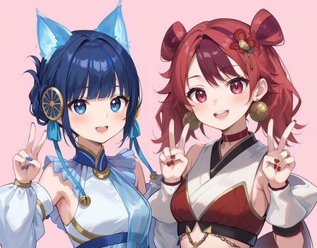 (score_9:0.9),score_8_up,score_7_up,rating_safe,(zPDXL3),2girls,double v,smile,open mouth,looking at viewer,red nails,upper body,simple background,pink background,blush,:3,
BREAK nini the mirror mikanko,white detached sleeves,gold hair ornament,blue see-through dress,white crop top,jingle bell,
BREAK ha re the sword mikanko,single white detached sleeve,red crop top,red hair bow,bell earrings,red choker,white fingerless gloves,<lora:Ha Re the sword mikanko & Nini the Mirror Mikanko ponyXL v1:0.76>,