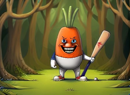 A  mean (carrot) with a baseball bat in the forest <lora:rob_sheridan_drawing_style:1>
