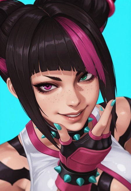 Monori_r, 1girl, han_juri, solo, gloves, spikes, multicolored_hair, black_hair, heterochromia, hair_horns, bangs, spiked_bracelet, fingerless_gloves, nail_polish, bracelet, pink_hair, purple_eyes, jewelry, green_eyes, freckles, parted_lips, two-tone_hair, simple_background, lips, looking_at_viewer, spiked_collar, pink_eyes, blunt_bangs, collar, streaked_hair, aqua_nails, smile, bare_shoulders, upper_body, blue_background, masterpiece, best quality, amazing quality, very aesthetic, high resolution, ultra-detailed, absurdres, newest, very awa, dynamic lighting, photorealistic detail, detailed face, detailed eyes, detailed hair, depth of field, scenery, volumetric lighting