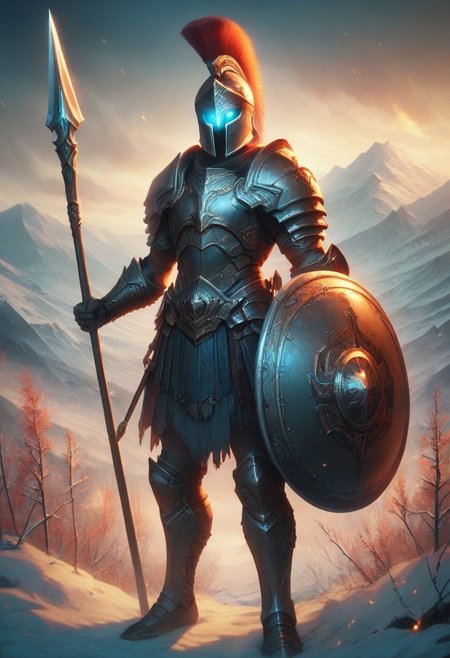 score_9, score_8_up, score_7_up, Spear Warrior, holding spear, Spartan with helmet and armor.  Glowing eyes, mountains, snowy