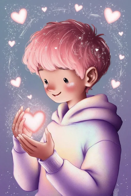 illustration.
A young boy with short, fluffy pink hair styled in a messy, slightly tousled manner. He has a small, gentle smile and are dressed in a light purple, long-sleeved hoodie with a subtle gradient effect, giving it a soft, dreamy appearance. There are hearts and glowing dusk floating in the air, seemingly eminating from the boy's glowing glove. <lora:alicesa1_cap_d6a3:1.0><lora:830702703178006529:0>