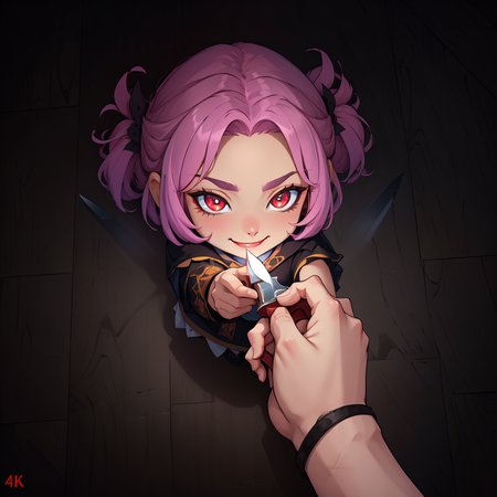 (masterpiece, best quality, absurdres, 4k, aesthetic, detailed, intricate, perfect lighting), anzhcgodoacrime,from above, chibi, pov, holding knife,evil smile,glowing eyes <lora:AnzhcGoDoACrime2_118390:1>
