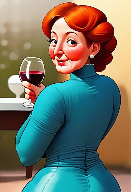 Voluptuous, attractive 50 year old granny, auburn bouffant, big tits straining against tight blouse, tight blouse, plump cheeks seductive, mascara, long eye-lashes, earrings, double-chin, mature older woman 
red lips, tight black bellbottom trousers, huge thighs, sitting on chair, facing the viewer 
even, Moon filling the dusky sky, bluish hue, back garden, guests drinking wine and chatting