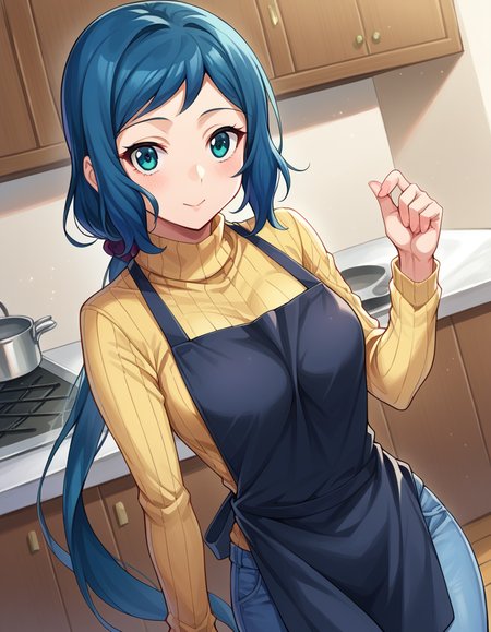 score_9, score_8_up, score_7_up, source_anime,
ioririnko, <lora:iori-rinko-ponyxl-lora-nochekaiser:1>,
iori rinko, blue hair, blue eyes, sidelocks,
apron, denim, jeans, long hair, pants, ponytail, ribbed sweater, sweater, turtleneck, very long hair,
indoors, kitchen,
looking at viewer, dutch angle, cowboy shot,