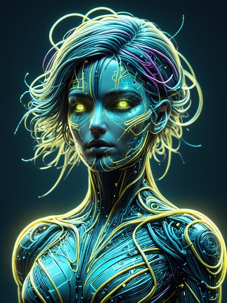 female cyborg made of mad-cable,  in the style of alphonse mucha, geometric pattern in the background, neon yellow lightning, neon teal lightning, neon magenta lightning, cables, wires, synthwave, vaporwave, retro futurism, circuitboard, dark futuristic <lora:Dark_Futuristic_Circuit_Boards:0.6>    <lora:Cables_SDXL:0.8>  <lora:Neon_Cyberpunk_SDXL_Cyberspace:0.5> mad-cyberspace, cyberpunk, scifi, 1980s, retro <lora:aesthetic:1> aesthetic <lora:sd_xl_dpo_lora_v1:1>, (masterpiece:1.2), best quality, (hyperdetailed, highest detailed:1.2), high resolution textures