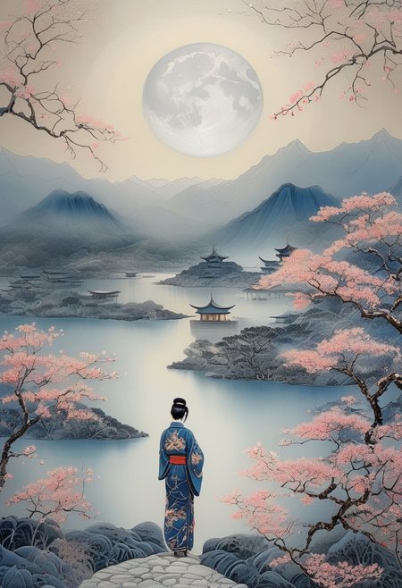 stunning artwork, psychodelic scenic japan night landscape, woman in kimono, ink wash, ukiyo-e, sakura garden, mountains, lake, perfect composition, full moon, haze, low angle, masterpiece, award winning,, ultra detailed, highly detailed, 8k, uhd, gold leaf, Japanese Garden,