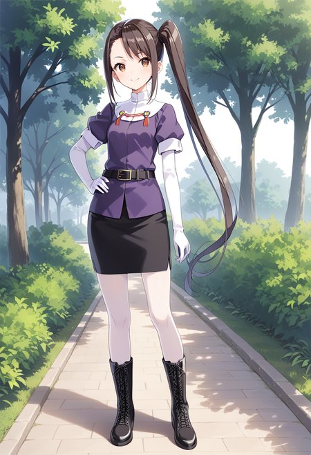 1girl, solo, park, full body, standing,  <lora:KC_03HC_nachi_pony:1> nachikc, black_hair, side ponytail, very long hair, brown eyes, tsurime,        nachidefkc, shirt_short_sleeves, purple shirt, military uniform, elbow gloves, white gloves, black belt, black skirt, pencil skirt, white pantyhose, boots,, score_9,score_8_up, score_7_up, source_anime, masterpiece, best quality,  official art, official style, game cg, megami magazine, rating_safe, rating_questionable, <lora:Fixhands_anime_bdsqlsz_V1:0.75>, NEGATIVE_HANDS