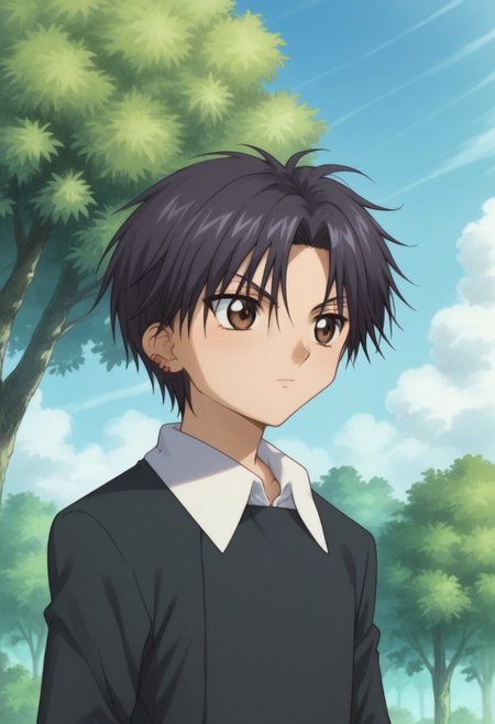 score_9, score_8_up, score_7_up, source_anime, highly detailed, 
natsume, 1boy, solo, black hair, short hair, brown eyes, shorts, red shorts, plaid shorts, school uniform, black sweater, shirt, white shirt, long sleeves, earrings, jewelry, upper body
outdoor, sky, clouds, tree