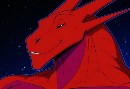 score_9, score_8_up, score_7_up, Expressiveh, masterpiece, best quality, highly detailed, realistic, (zPDXL3), 1boy, solo, (RDJJ, furry, anthro, scalie, male dragon, red body, pink body, two tone body, black sclera, yellow eyes, muscular male, horns) ((face only, close-up)), smile, closed mouth, ((black background, simple background)), uncensored